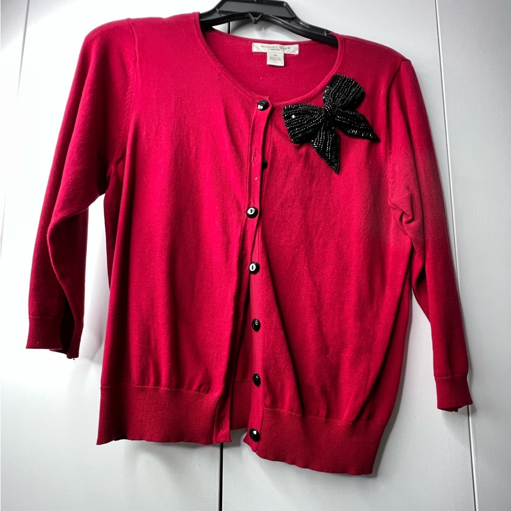 Petite Medium Red Cardigan sweater with beaded bow detail